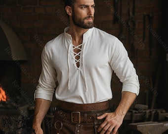 Medieval LARP Men’s Lace-Up Tunic Shirt Cotton Linen Renaissance Costume Top