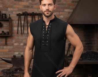 Black Sleeveless Medieval Tunic | Viking Cotton Laced Shirt for Men LARP Costume