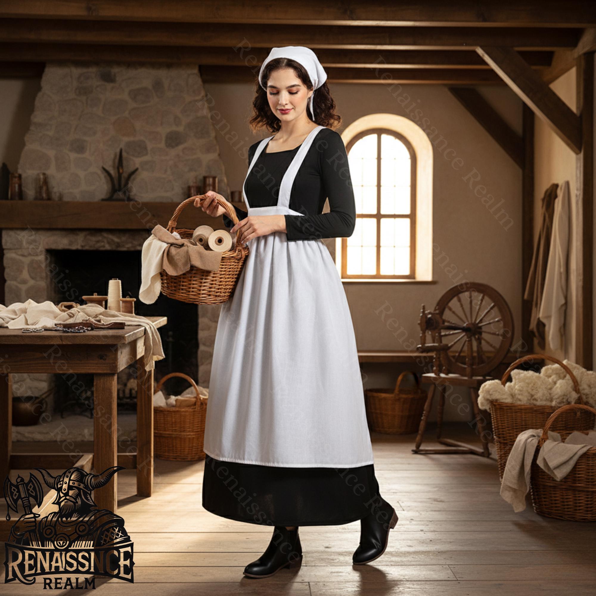 中世の開拓者エプロンドレス（黒）長袖LARPレディースコスチューム