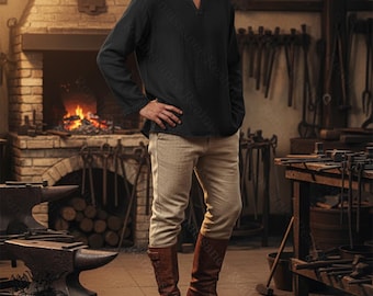 Svart medeltida skjorta i bomull och linne för män – vintage renässanstunika, långärmad vikingatopp, rustik piratdräkt i bondstil