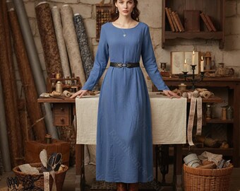 Medieval Blue Dress for Women – Renaissance LARP Viking Gown Long Sleeve
