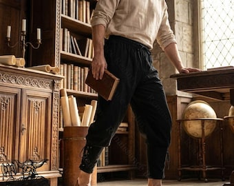 Men’s Renaissance Pants – Medieval Cotton Drawstring Trousers Blacksmith Larp Costume Viking Pirate Pants