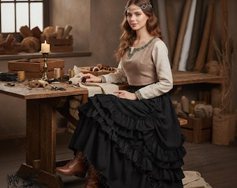 Black Renaissance Ruffle Skirt | Medieval LARP Costume Women’s Long Layered Skirt
