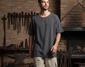 Medieval LARP Men’s Linen Tunic Shirt, Gray Short Sleeve Renaissance Top