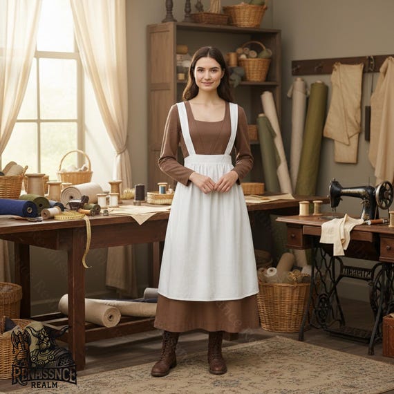 茶色の中世エプロンドレスと白いピナフォア、女性用ルネッサンス農民