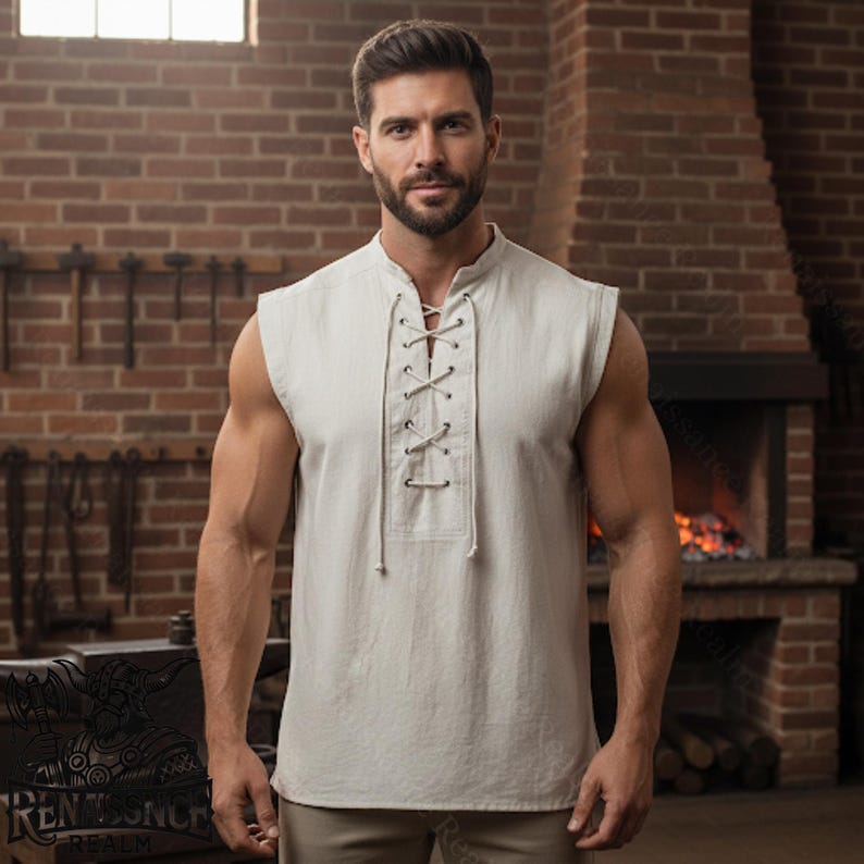 Sleeveless Cotton Tunic Shirt | White Medieval Viking LARP Top for Men ...