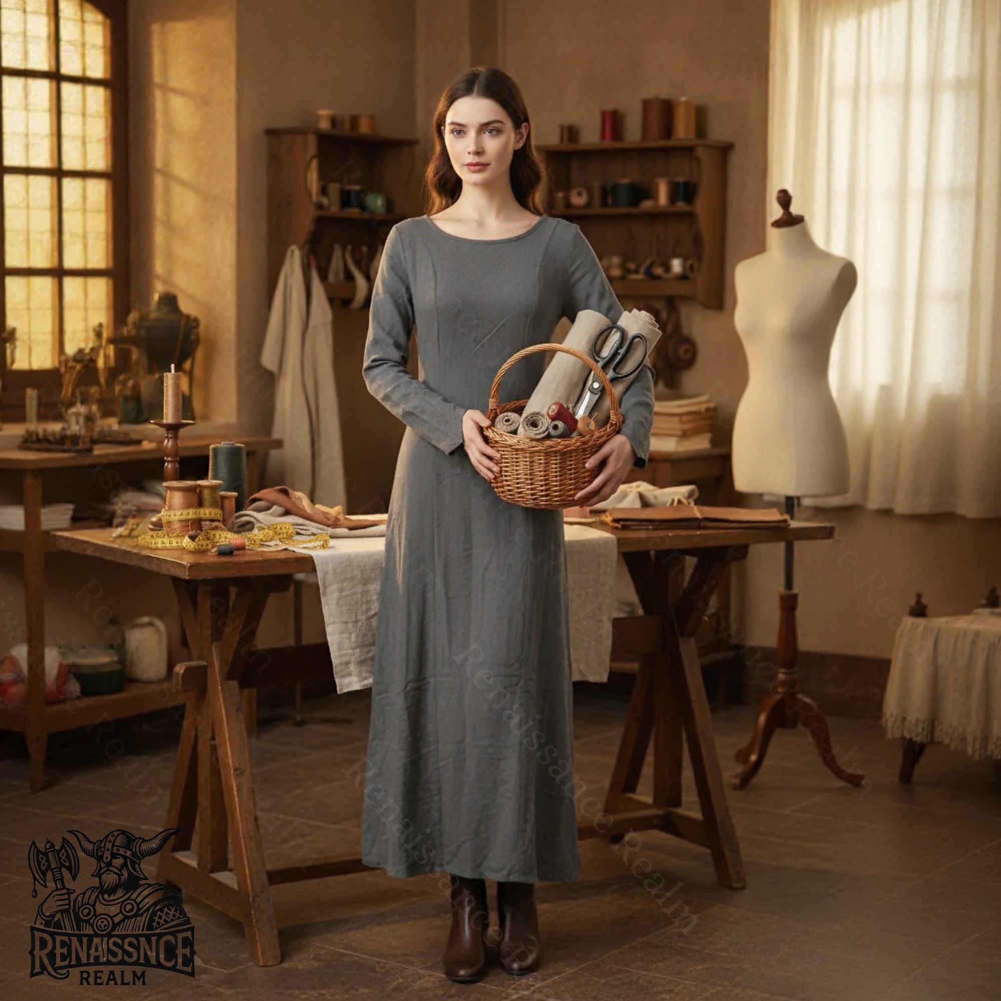 Renaissance Linen Dress for Women - Medieval A-Line Long Sleeve Gown, Vintage Peasant Cottagecore Outfit, Handmade Cotton Linen Dress Renaissance Linen Dress for Women - Medieval A-Line Long Sleeve Gown, Vintage Peasant Cottagecore Outfit, Handmade Cotton Linen Dress