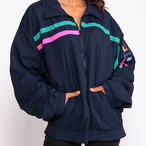 Fila Jacket Streetwear Windbreaker Jacket Sports Warmup Jacket Navy Blue Striped Jacket Hipster Vintage Retro Warm Up Medium Large