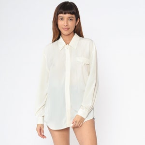 Cream Blouse 90s Button Up Top Long Sleeve Collared Shirt Retro Basic Semi-Sheer Preppy Plain Minimalist Collar Simple Vintage 1990s Medium