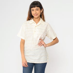 Vintage Eyelet Embroidered Polo Shirt 70s Cream Striped Shirt Bohemian Quarter Button Up Shirt Collared 1970s Nerd Retro Boho Medium M