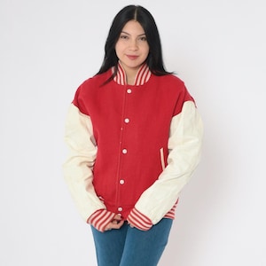 Vintage Red Letterman Jacket Distressed Wool Varsity Jacket 80s Bomber Baseball Coat Leather Coach Sports Snap Up 1980s Men&#39;s Medium M