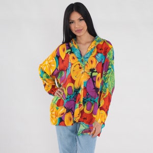 Chemise imprimée fruits de l&#39;an 2000 haut tunique chemisier à capuche coloré fluide à manches longues fluide fente arrière haute basse nouveauté vintage des années 00 petite moyenne grande XL
