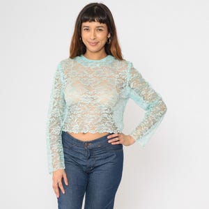 Vintage Sheer Lace Blouse 80s Aqua Blue Floral Mesh See Through Button Back Long Sleeve Cropped Top 1980s Romantic Retro Party Small S