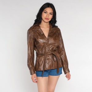 Vintage Leather Jacket 70s Brown Belted Jacket Wilsons Leather Coat Bohemian Deep V Mod Fitted Button up 1970s Small Medium