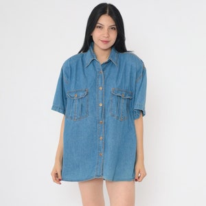 Vintage 90s Denim Shirt Short Sleeve Blue Jean Button up Collared Retro Top Plain Casual Utility Pocket 1990s Oversized Women&#39;s 38 Medium