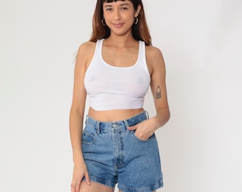 Guess Jean Shorts 90s High Waisted Denim Blue Cotton Vintage Button Fly Five Pocket Rolled Cuffed Hem Streetwear Grunge Summer Size 30