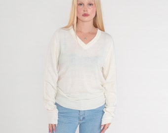 White Sweater 80s V Neck Knit Pullover Sweater Semi-Sheer Slouchy Plain Basic Simple V-Neck Knitwear Acrylic Spring Vintage 1980s Small S