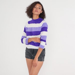 Striped Sweater Top 70s Knit Shirt Purple Lavender White Raglan Sleeve Seventies Blouse Retro Basic Vintage 1970s Acrylic Small XS S