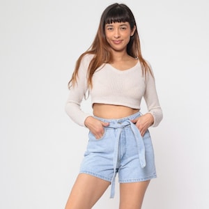 90s Denim Shorts Belted High Waisted Jean Shorts Retro Mom High Rise Waist Light Wash Blue Vintage 1990s Smooth Back Pocketless Small S