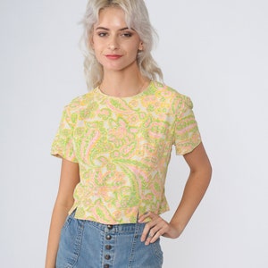 Floral Crop Top 60s 70s Blouse Neon Cropped Shirt Paisley Print Boho Hippie Summer Yellow Green Pink Vintage 1960s Short Sleeve Small S