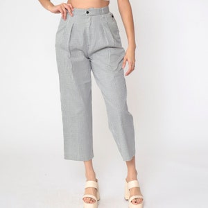 Houndstooth Checkered Trousers 90s Cropped Ankle Pants Black White High Waist Pleated Preppy Professional Vintage 1990s Small 27