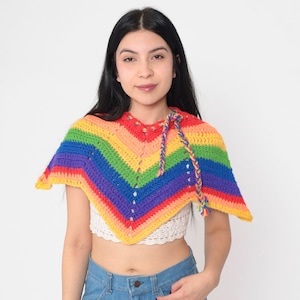 Rainbow Poncho 70s Hippie Shawl Cutout Knit Cape Striped Crop Top Crochet Afghan Cropped Poncho Bohemian Festival Cropped Vintage 1970s XS