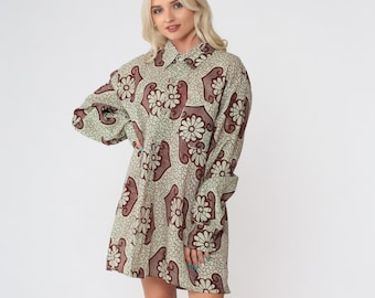 Floral Batik Shirt 90s Dark Red Button up Shirt Hippie Bohemian Psychedelic Long Sleeve Vintage 1990s Light Green Men's Extra Large xl