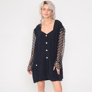 Vintage Black Blazer Jacket 80s Sheer Chiffon Polka Dot Sleeve Button Up Jacket Business Office Wear Retro Formal Plain 1980s 24W Plus Size