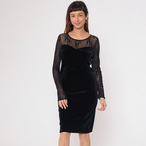 Black Velvet Lace Dress 90s Bodycon Party Midi Dress Sheer Illusion Neckline Velour Long sleeve Formal Evening Dress Vintage 1990s Large