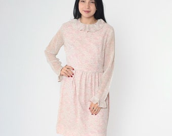 Vintage 60s Pink Floral Dress Sheer Long Bell Sleeve Ruffle Collar Mod High Waist Boho 1960s Knee Length Pastel Romantic Medium 8
