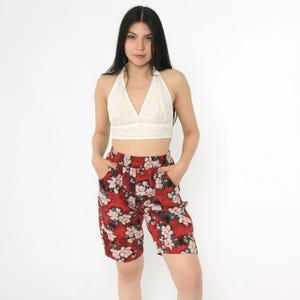 90s Red Floral Shorts Vintage Tropical Bermuda Shorts High Elastic Waist Wide Leg Lounge Retro Streetwear 1990s Extra Small xs