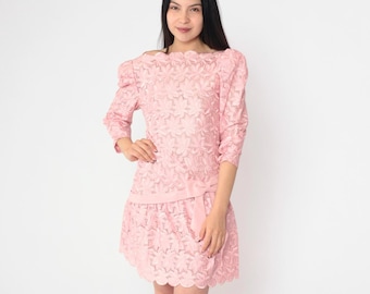 Vintage roze kanten mini-jurk jaren 80 feestjurk pure bladerdeeg mouw pastel drop taille boog formele pasvorm en flare gala avond jaren 1980 kleine XS