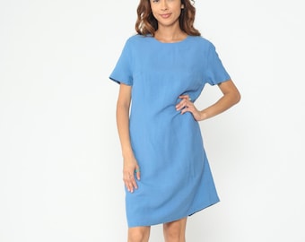 Blue Shift Dress 80s Knee Length Midi Dress Hidden Button up Shirtdress Cap  Sleeve Simple Basic Plain Day Linen Blend Vintage 1980s Large L - Etsy