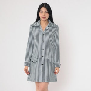 70s Mini Dress Mod Blue White Striped Shirtdress Shift Button Up Collared Long Sleeve Vintage 1970s Twiggy Gogo Small Medium