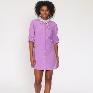 Purple Ascot Dress 70s Puff Sleeve Mini Button Up Dress Shirtdress Shift Plain 1970s Long Sleeve Vintage Twiggy Shirt Dress Small Medium