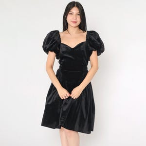 Vintage Black Velvet Dress 80s Party Dress Puff Sleeve Midi Dress Formal Evening Fit and Flare Cocktail Sweetheart Neck 1980s Goth Medium 7