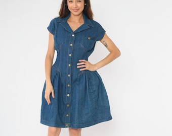 Vintage 80s Denim Western Dress Snap Button Up Fit and Flare Mini Cap Sleeve Retro Blue Jean Dress 1980s Fitted Waist Cowgirl Rodeo Small 6