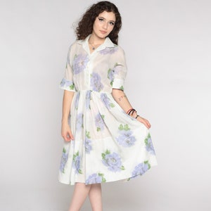 60s Floral Dress White Day Dress Semi-Sheer Shirtwaist Dress Midi Lavender 1960s Shirtdress Button Up Dress Vintage Short Sleeve Small