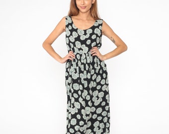 Vestido floral de los años 90, vestido veraniego de rayón negro con flores, estilo bohemio, escote redondo, estilo bohemio, cintura alta, midi, años 90, sin mangas, estilo vintage, color verde azulado y blanco, talla grande L