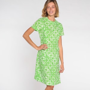 60s A-Line Dress Green Mod Dress Geometric Print Mini Dress Shift Pockets Retro Gogo Vintage Boho Twiggy 1960s Short Sleeve Secretary Small