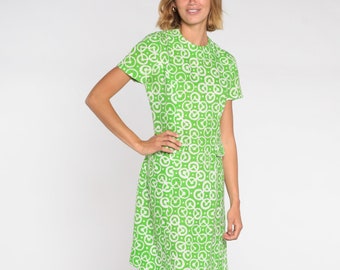 60er A-Linie Kleid Grün Mod Kleid Geometrisch Print Mini Kleid Etuikleid Retro Gogo Vintage Boho Twiggy 1960s Kurzarm Sekretärin Small