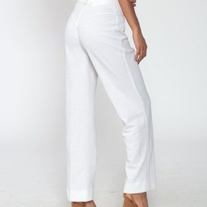 70s White Pants -- 1970s Straight Leg Trousers Western Pants High Rise Waist Pants Vintage High Waisted Trousers Seventies Cotton Poly Small