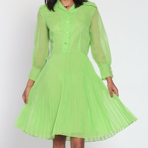 Sheer Green Dress 70s Mod Button Up Dress Retro Boho PLEATED Midi Knee Length High Waisted 1970s Vintage Minidress Long Sleeve Small
