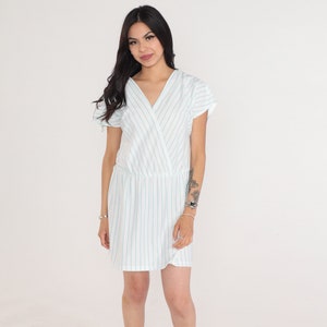White Striped Dress 80s Mini Dress V Neck Faux Wrap Day Dress Blue Pinstripe Retro Casual Short Sleeve High Waist Vintage 1980s Medium Large