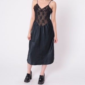 Sheer Black Nightgown 80s Lace Slip Dress Midi Basque Waist Low V Back Lingerie Vintage 1980s Retro Gothic Sexy Drop Waist Medium 36