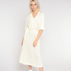 1970s Midi Dress Off-White Kimono Sleeve Dress V Neck Dress 70s GRECIAN Draped Plain Party High Waist Vintage Split Sleeve Small Medium