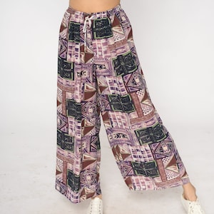 Jaren 90 patchworkbroek boho abstracte print wijde pijpen broek hippie losvallende hoge taille met trekkoord zomerpantalon paars vintage jaren 1990 klein