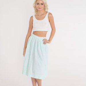 Pastel Striped Skirt 80s Baby Blue Midi Skirt Pleated High Waisted A-Line White Pinstripe Retro Preppy Cotton Vintage 1980s Extra Small xs