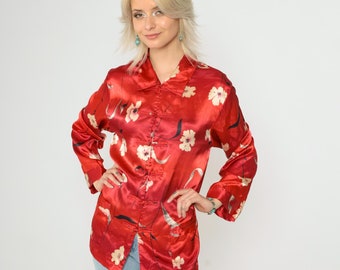 Vintage Red Floral Satin Shirt 90s Red Gradient Ombre Blouse Frog