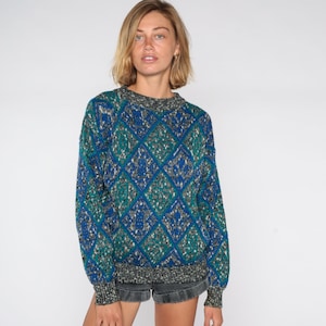 Diamond Knit Sweater 80s Geometric Print Harlequin Boho Jumper 90s Bohemian Black White Blue Green Vintage Knitwear Retro Pullover Medium M